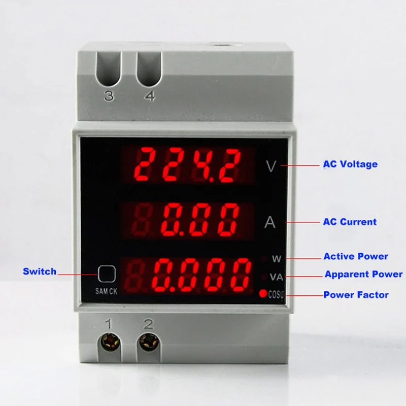 

DIN RAIL LED Volt AMP Meter Display Active Power Factor Energy AC 80-300V 0-100.0A Ammeter Voltmeter D52-2048