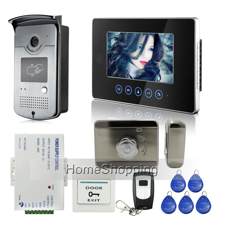 

New 7 inch Touch Screen Video Door Phone Intercom + 1 Monitor + 1 RFID Access Outdoor Camera + Mute Electric Lock Free Shipping