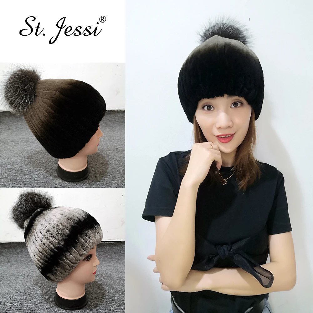 ST. Jessi женская меховая шапка Настоящий мех кролика Толстая полосатая Кепка с серебряным лисьим помпоном Хизер цвет теплый Winer Beanie шапка