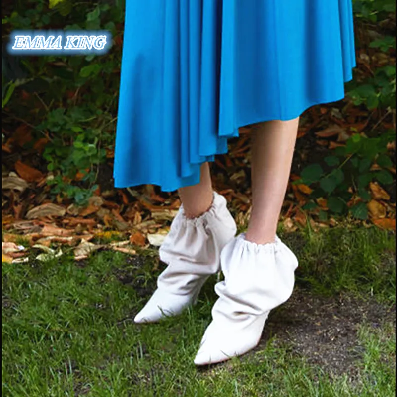 

Solid Leather Loose Pleated Designer Women Mid-Calf Boots Stilettos Fashion Slip-On Short Booties Pointed Toe High Heels Boots