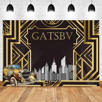 

NeoBack The Great Gatsby Birthday Backdrop Black and Gold Line 1920s Party Decoration Banner Luxury Car Photography Background
