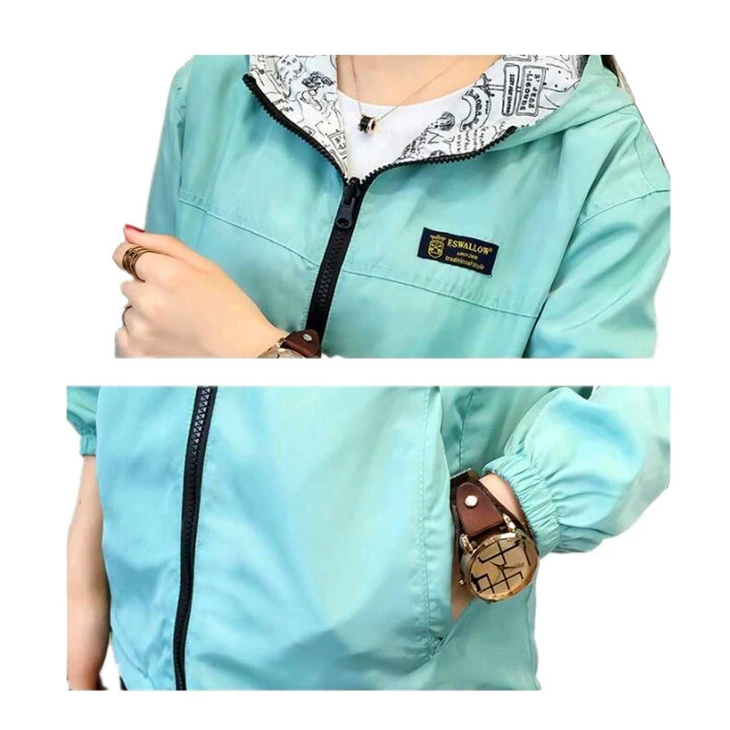 2018 Spring Autumn Women Basic Jacket Pocket Zipper Hooded Two Side Wear Cartoon Print Outwear Loose Coat Windbreaker Female