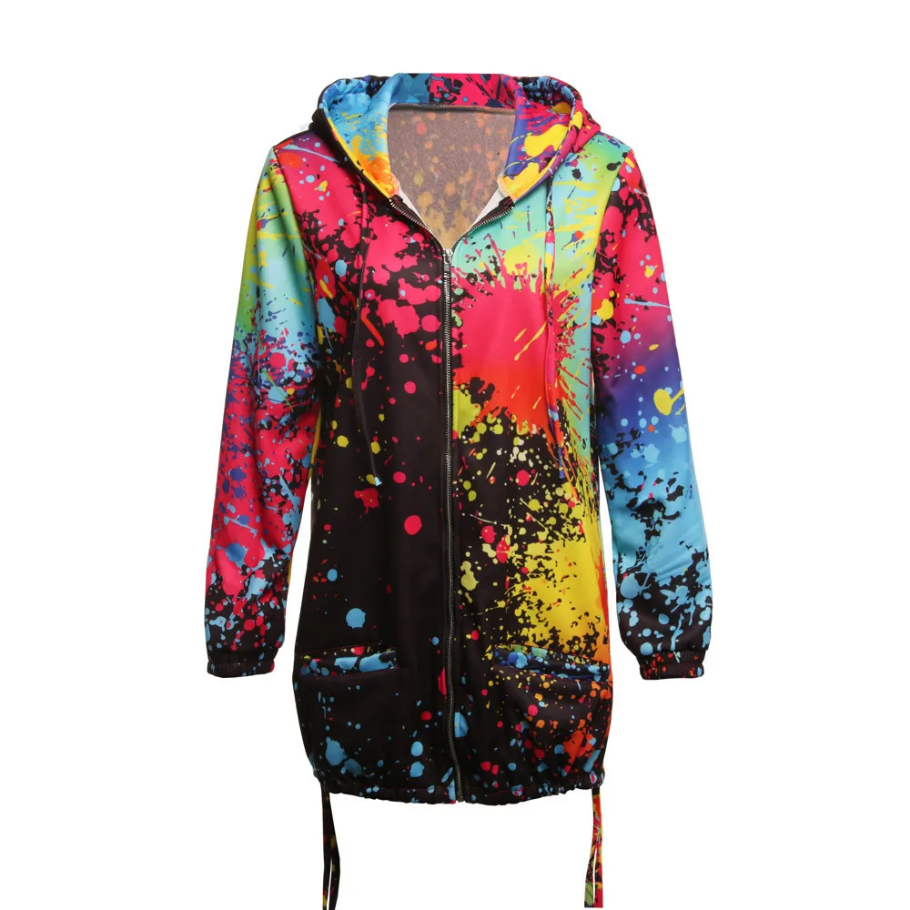 Autumn Jackets Fashion Womens Tie dyeing Print Coat Outwear Sweatshirt Hooded Jacket Feminino Casual Pockets Overcoat Cloth 1030