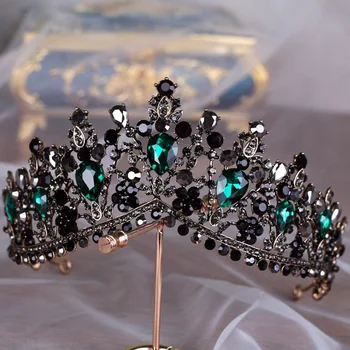 KMVEXO European Green Crystal Tiaras Vintage Black Rhinestone Pageant Crown Baroque Bridal Wedding Hair Jewelry Accessories Gift