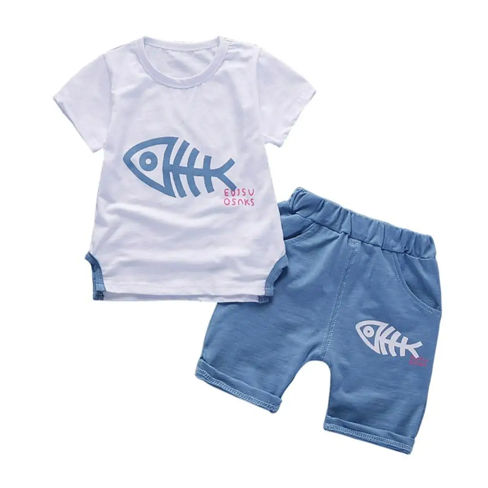 Детская летняя хлопковая футболка с короткими рукавами и принтом рыбьей кости для мальчиков и девочек топы+ шорты, комплект со штанами - Цвет: L