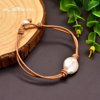 

GLSEEVO Geometric Real Baroque Pearl Minimalism Leather Bracelet For Women Handmade Fine Jewelry Armbanden Voor Vrouwen GB0161