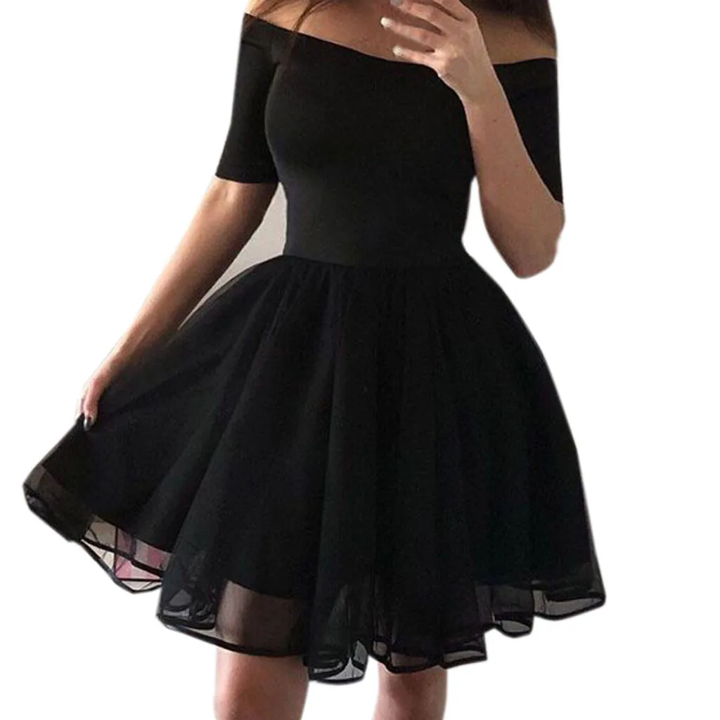Женские вечерние платья черного цвета, однотонные вечерние мини-платья с коротким рукавом и открытыми плечами, сексуальные элегантные женские платья - Цвет: Черный