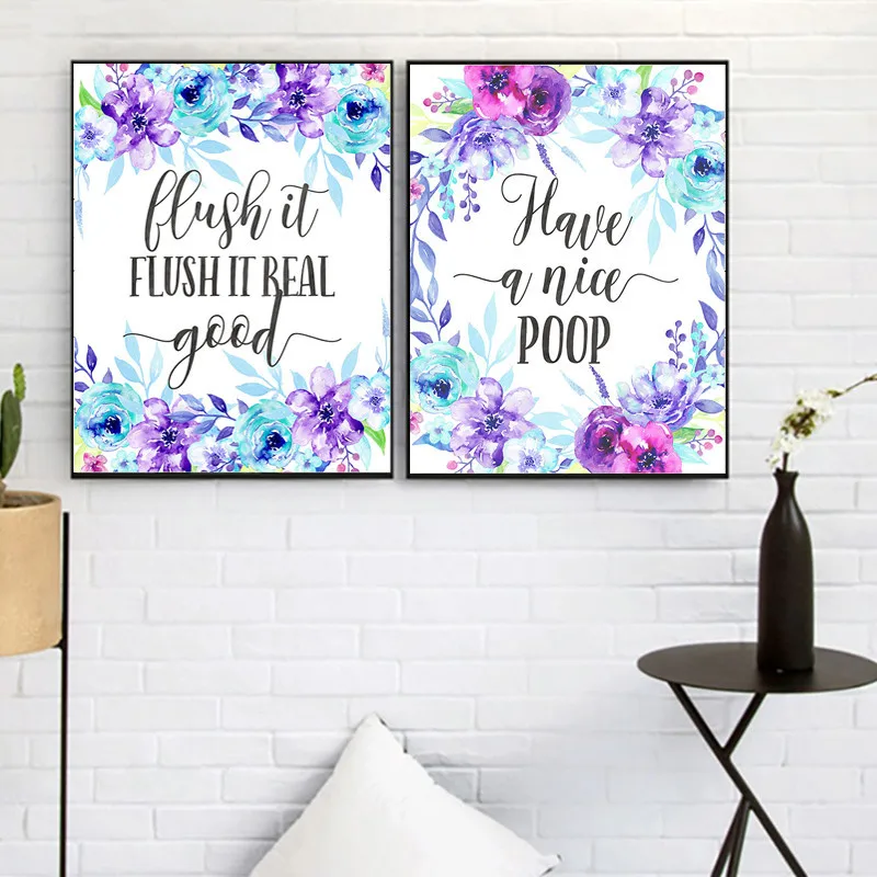 Funny Bathroom Flush Toilet Sign Kids Room Decor Quotes Blue Flowers Posters and Prints Watercolor Canvas Painting Wall Art