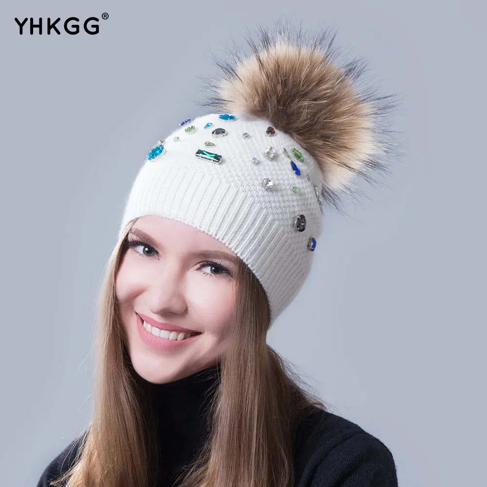 New Womens Shiny Winter hat Real Fur Pompon Knit hat Solid Color pom pom hat Raccoon Fur pom pom Ladies Casual peas