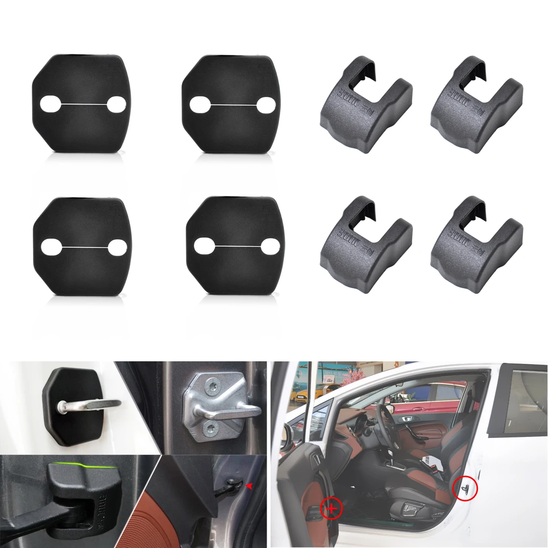 

CITALL Car 4Pcs Car Door Striker Lock Cover + 4Pcs Check Arm Stopper Protection Cover For Ford Fiesta Focus 2011 2012 2013 2014