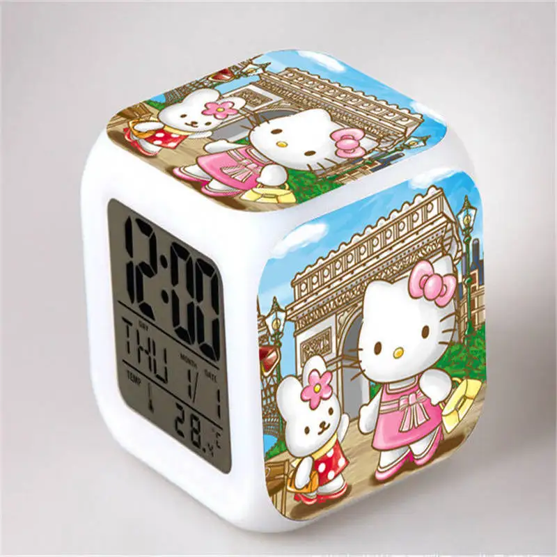 

Lovely Cartoon Hello Kitty LED 7 Color Glowing Digital Desktop Alarm Kids Despertador Infantile Toys Temperature Display