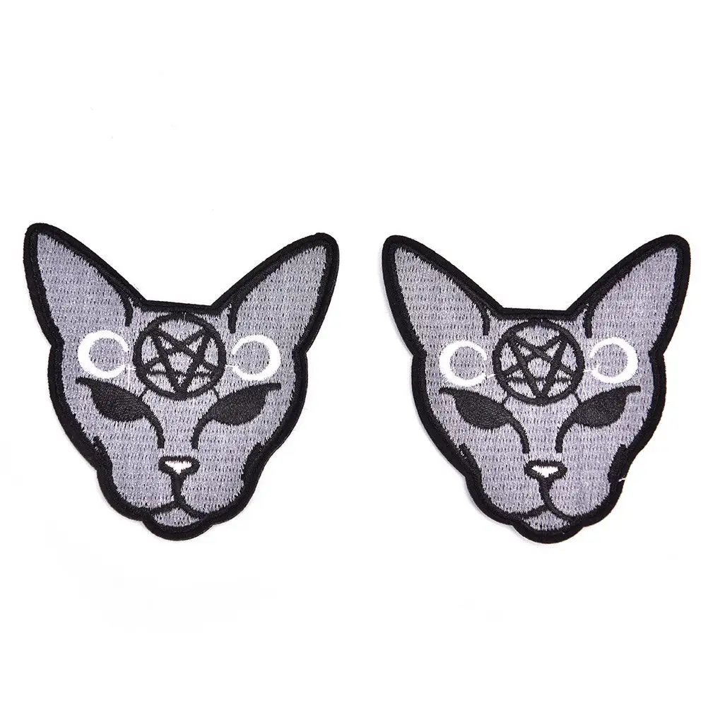 

2pcs/lot DIY Halloween Embroidery Gothic Cat Cotton Patch Sewing Customise Crescent Moon Inverted Iron On Pentagram Patch
