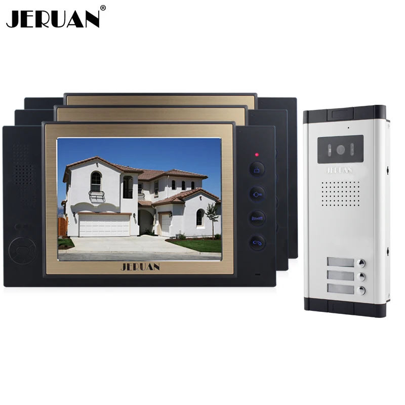 JERUAN Apartment 8 inch LCD color Video Door Phone Record Intercom System 700TVL IR COMS Camera For 3 Household 8GB SD CARD