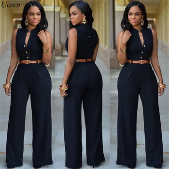 

Women Summer Sleeveless Jumpsuit Wide Leg Pants Sexy Button-up High Waist Straight Casual Romper with Belt Pocket Loose Overalls