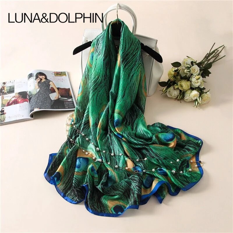 Женский шифоновый шелковый шарф Luna & Dolphin шаль 180х90 см синее перо павлина