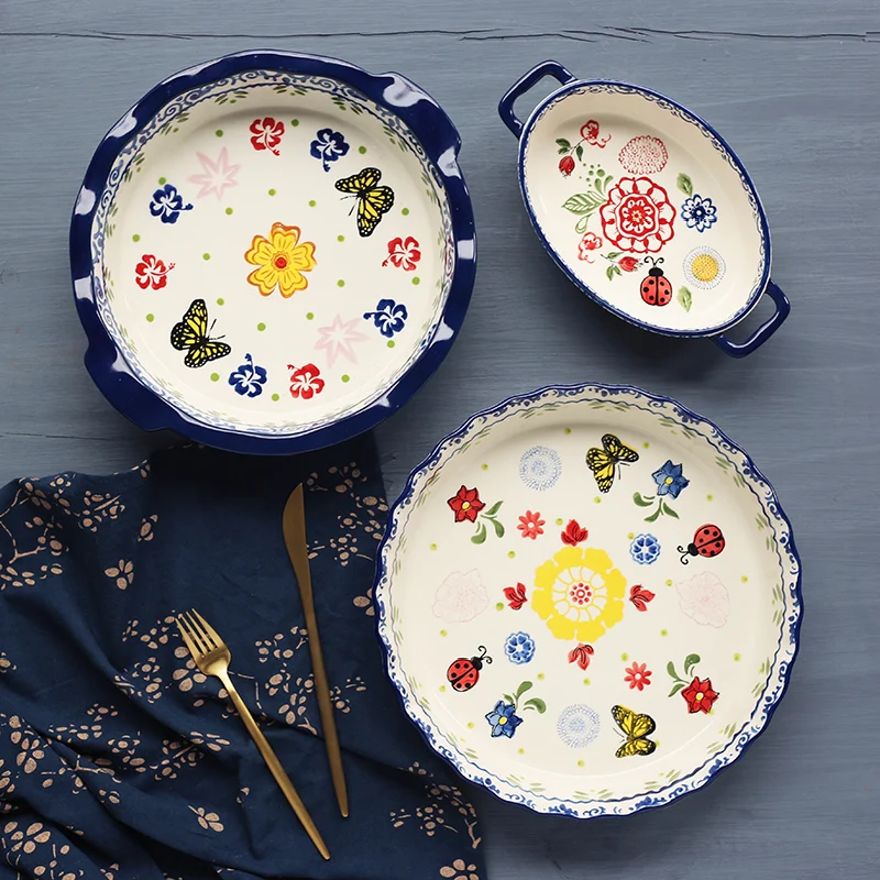 

Ceramic baking tray microwave oven dried fruit plate fruit tray household rice dish baking pizza dish set Butterfly love flower