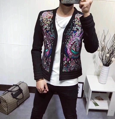 

100%real men black folk embroidery event/stage performance short tuxedo jacket/stage performance/ASIA SIZE