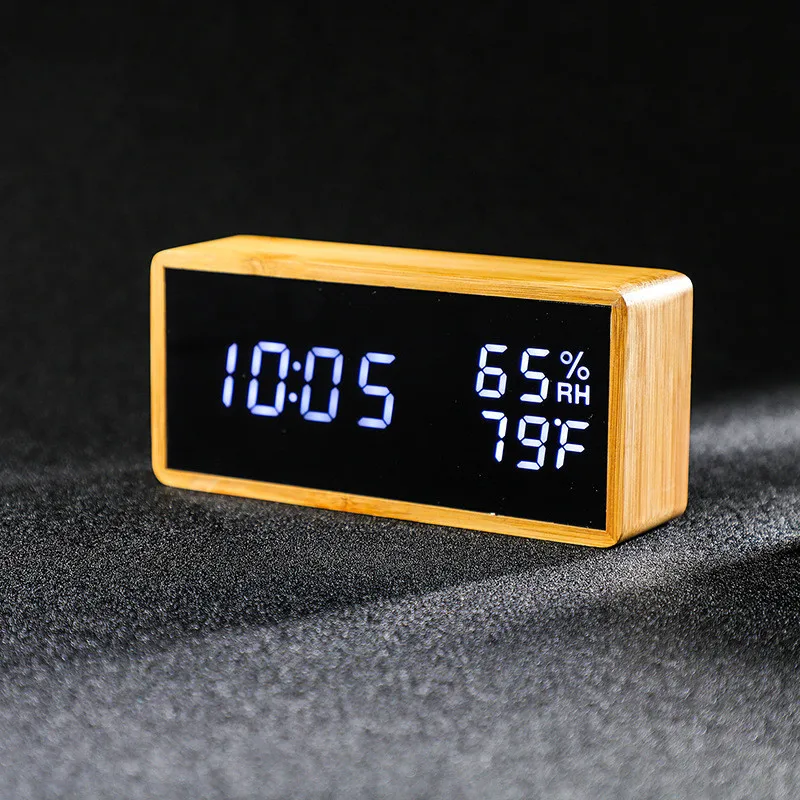  Digital Alarm Clock LED Desk Clock Temperature and Humidity Alarm Watch Bamboo Sound Control Quartz