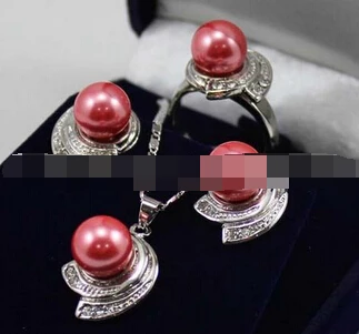 

2017 Pink Rose South sea Shell Pearl Earrings Ring & Necklace Pendant Set