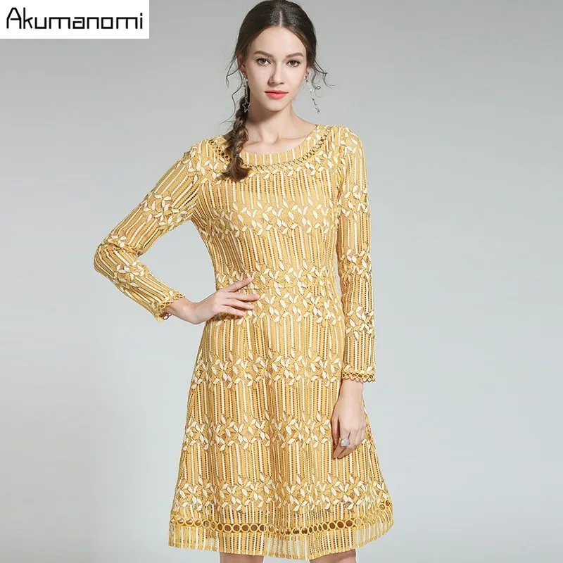 

Autumn Lace Dress Women Clothing Yellow O-Neck Full Sleeve Knee-Length Office Lady Spring Dress Plus Size 5xl 4xl 3xl 2xl Xl-M
