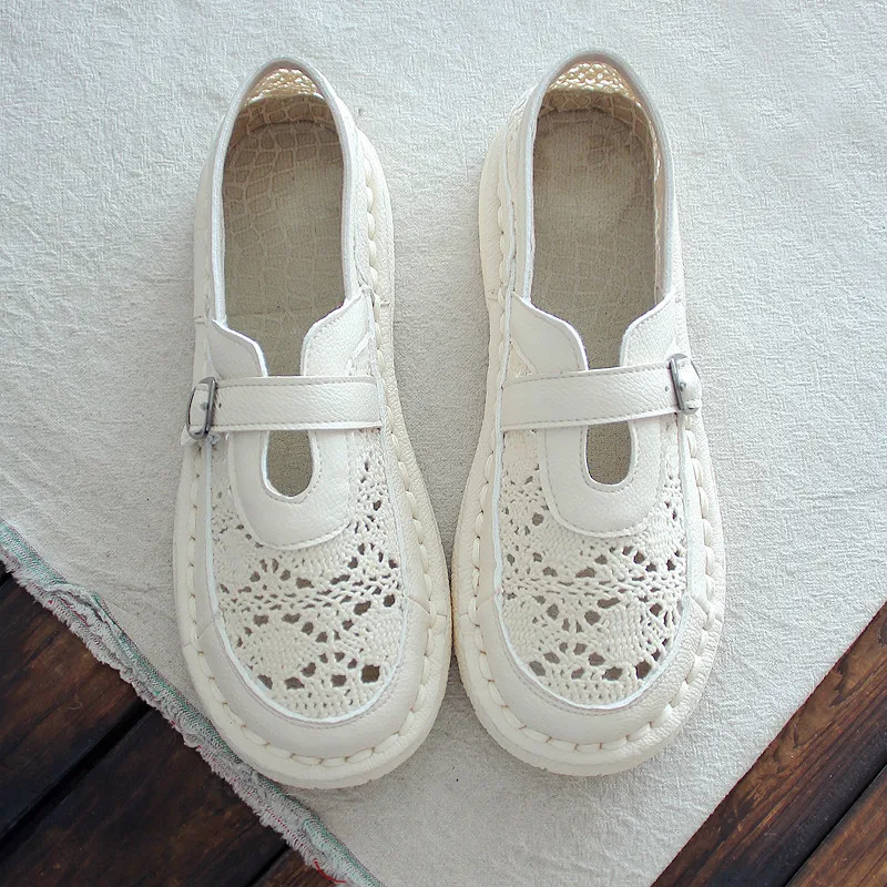 

HUIFENGAZURRC-Shoes with lace cotton and linen net upper single shoes, shallow soft sole hand-sewn casual women's shoes,3 colors