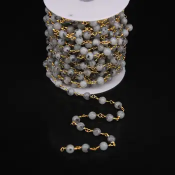 

5Meter,6mm Green Sesame Jaspers Rosary Style Chain,Natural Stone Smooth Round beads Gold plate Wire Wrapped Chain