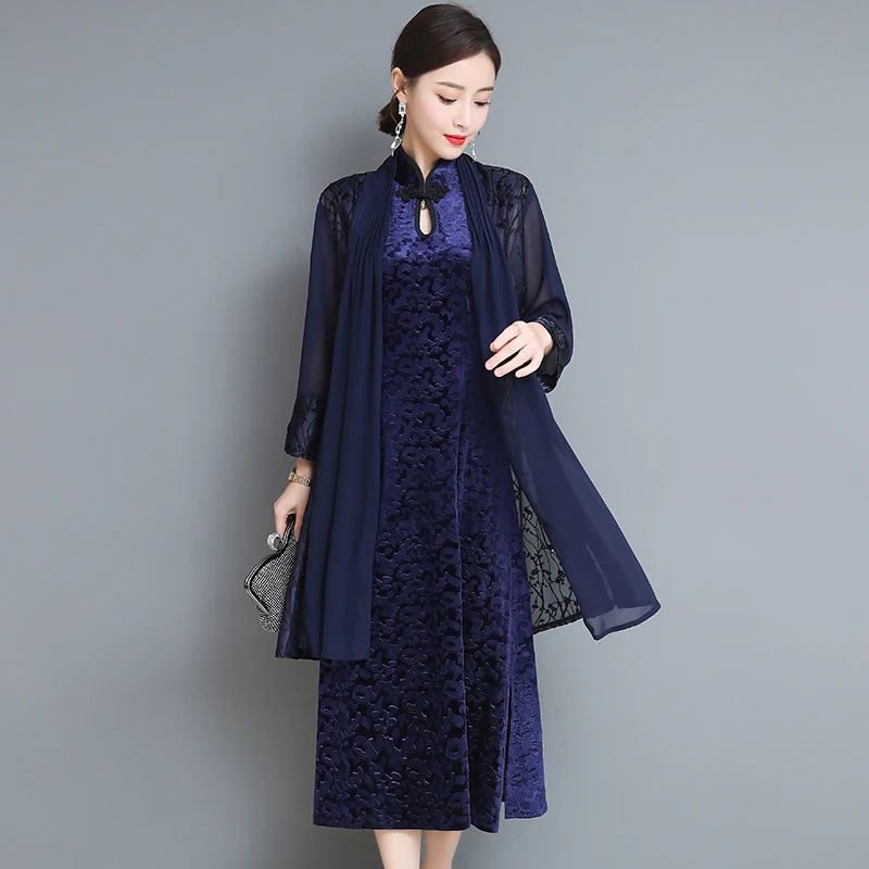 

Warm Velvet dress women plus size midi party dresses 2 piece set cardigan navy blue Chinese elegant vintage clothes 2019 spring