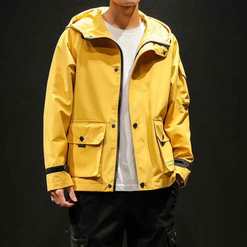

Men's Jacket Yellow Hooded Spring Coat Jacket Men Arm Pocket Safari Style Outerwear 2019 New Arrival Fashion Mens Windbreaker
