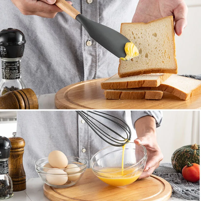 Силиконовая кухонная утварь, набор кухонной утвари, антипригарная кухонная посуда, деревянные ручки, инструменты для приготовления пищи, щипцы, лопатка, ложка 66CY