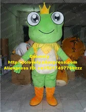 Lebendige Grüne Frosch Prince Maskottchen Kostüm Mascotte Frosch Rana Erwachsene Mit Kleine Gelbe Krone Big Grau Runde Augen No.2807 Freies schiff
