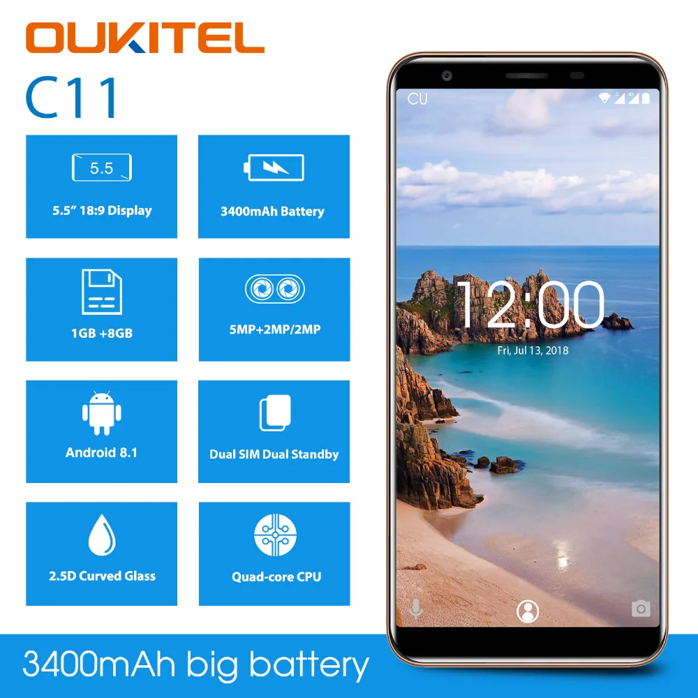 Original OUKITEL C11 5.5 inch Android 8.1 Mobile Phone Quad Core 3G Smartphone 1G RAM 8G ROM 3400mAh 5.0MP+2.0MP Cellphone