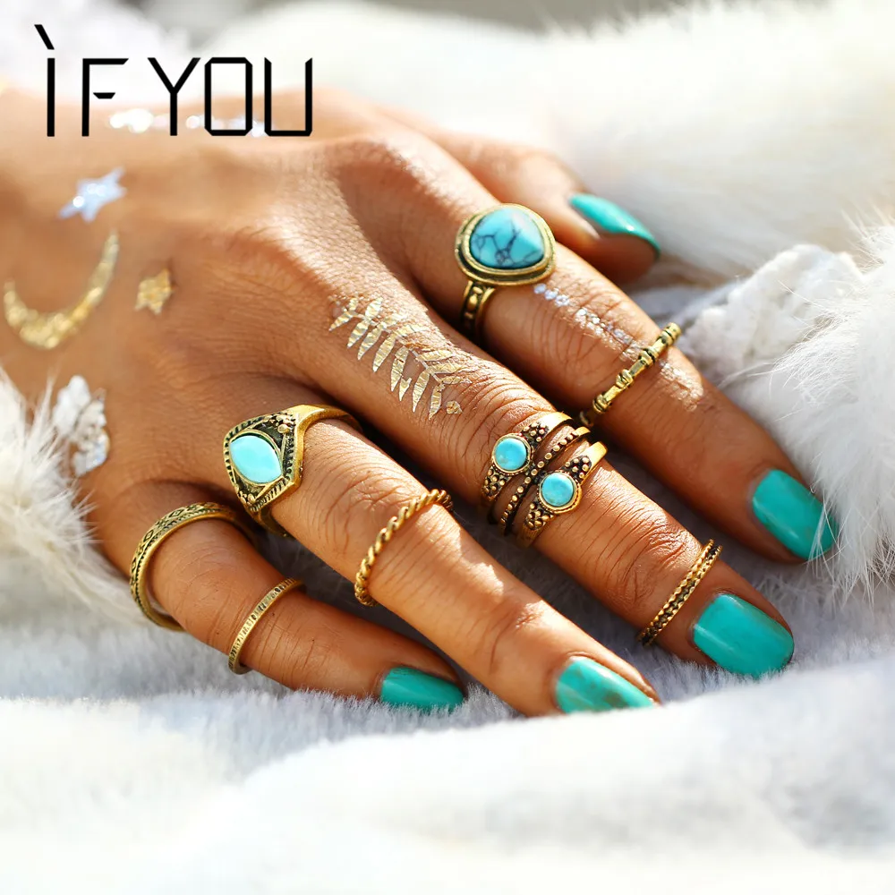 

IF YOU 8PCS/Set Bohemia Vintage Jewelry Gold Color Blue Stone Knuckle Midi Ring Sets Anillos for Women Men Finger Rings Jewelry