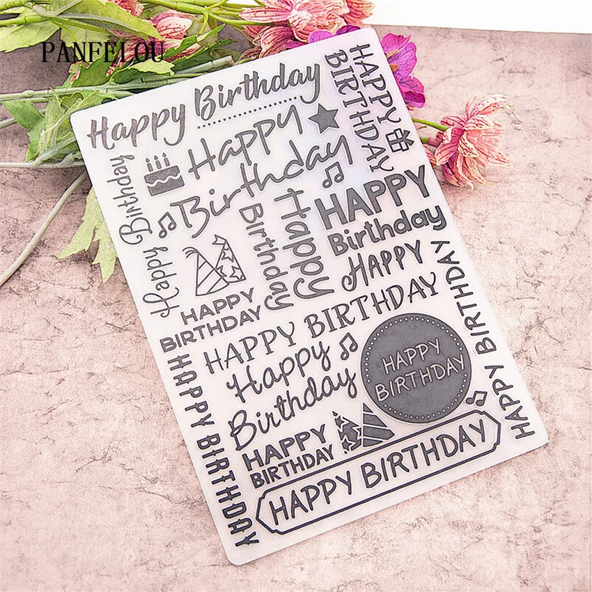 

PANFELOU Birthday wishes Embossing folders Plastic For Scrapbooking DIY Template Fondant Cake Photo Album Card Making