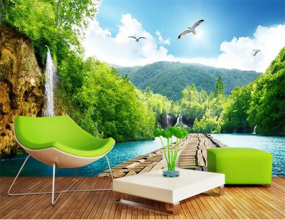 3d wallpaper kustom foto mural non woven air terjun kayu ...