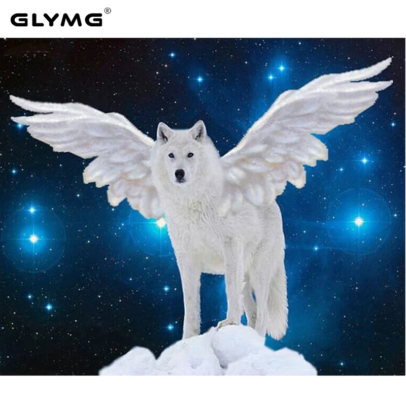 GLymg Needlework Diy Diamond Embroidery  White Wolf Wings Fly Diamond Painting Cross Stitch Full Square Animal Home Decor