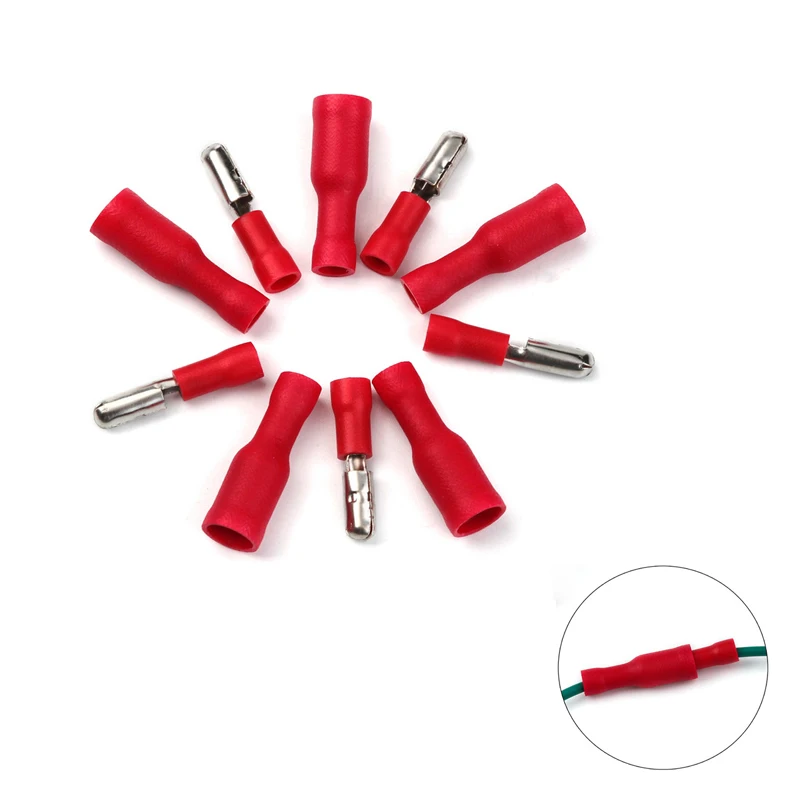 

100Pcs/50Pairs Insulated Electrical Bullet Butt Wire Connector Male/Female Red 0.5-1.5mm2 Crimp Terminal 22-18AWG Kit