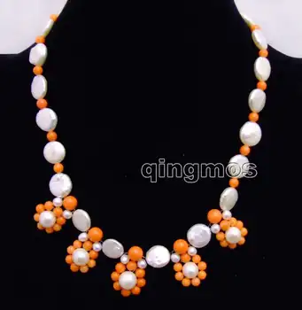 

12-13mm Natural White Coin Round Pearl and 5pcs Orange 18-20mm Flower Pendant handwork Weaving 17'' Necklace-nec6225