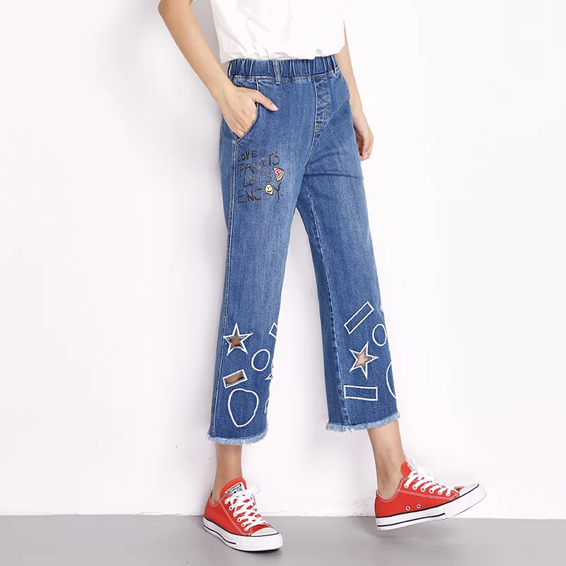 LEIJIJEANS Новое поступление весна размера плюс с графической вышивкой высокая
