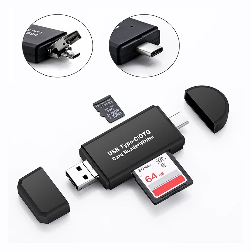 3 в 1 Тип C/micro USB/USB OTG кард-ридер высокоскоростной USB2.0 Универсальный OTG TF/SD кард-ридер для Android и ПК, удлинитель-переходник - Цвет: Черный