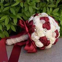 JaneVini 2018 бордовый искусственного кристалла жемчугом Свадебные букеты атласные розы элегантные свадебные букеты цветов Whote для свадьбы