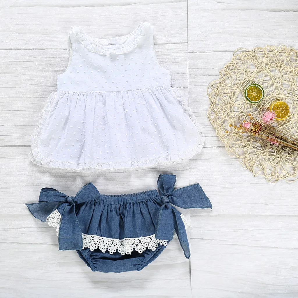 

Toddler Kid Baby Girls Outfit Lace Ruffled Top Bow Demin Shorts 2PC Sets Clothes Roupa Menina Conjunto Toddler Girl Clothes