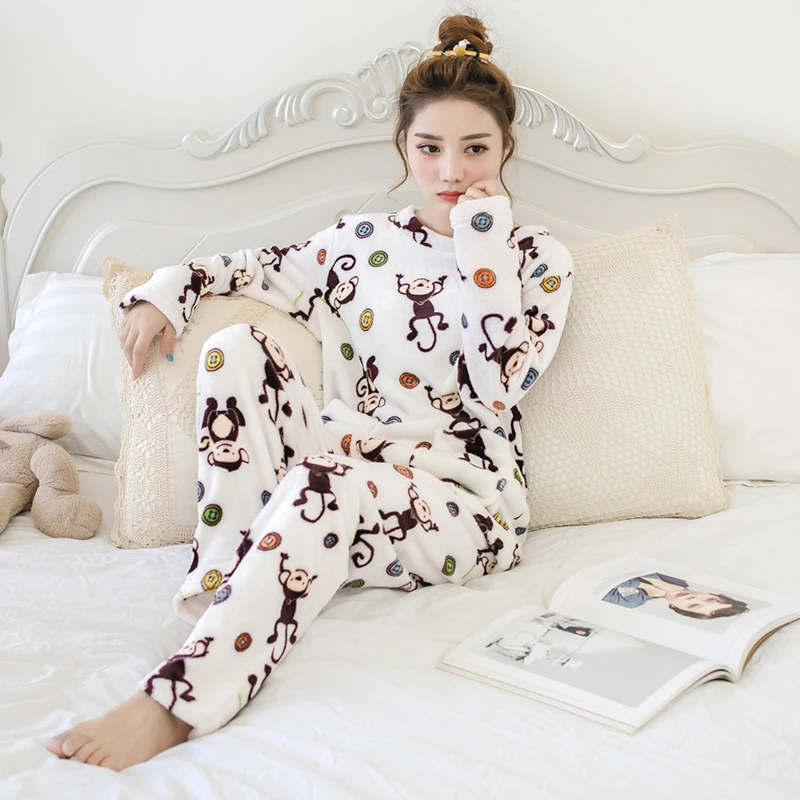 Invierno manga larga Mujer pijamas mono Coral polar grueso pijamas franela mujer inicio pijamas traje