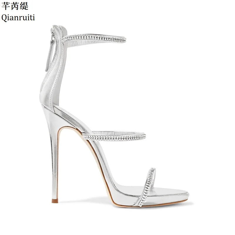 

Qianruiti Silver Leather High Heels Women Sandals Open Toe Ankle Strap Women Pumps Studded Crystal Cut-Outs Women Platform Shoes