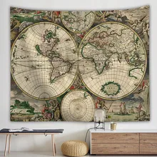 HSU Vintage World Map 3D Print Fabric Geometric Colorful Compass Wall Hanging Tapestry Retro Oil Painting Towels Decorate Home