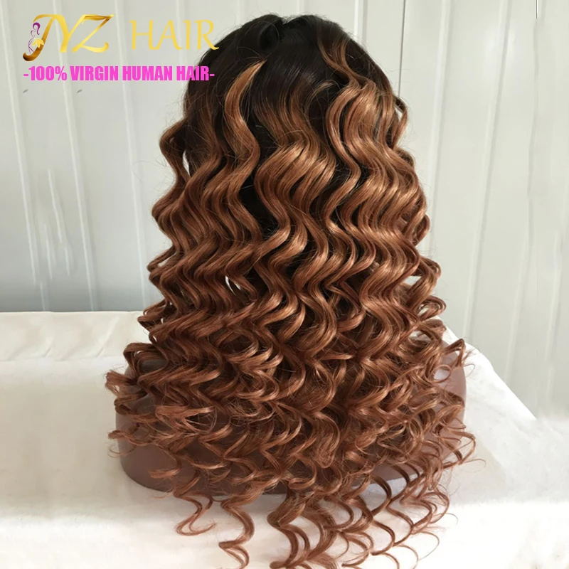 

Two Tone Ombre Human Hair Wig with Bangs Silky Wave Ombre Full Lace Wig Color 1b/30 Virgin Peruvian Lace Front Wig Sale in Stock