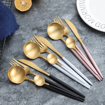 

Luxury Dinnerware Set Stainless Steel Plating Gold Blue Black Knife Fork Tableware Cutlery White European Western Food Set 4pcs