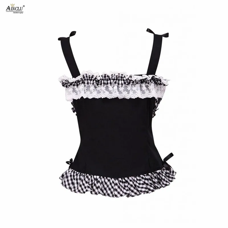 Ainclu High Quality Cemavin Womens Black And White Lace Grid Sleeveless Lolita Cotton Blouse
