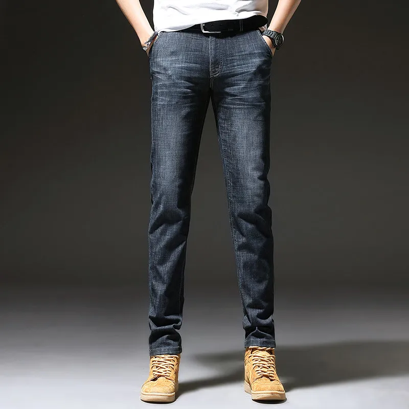 Новинка, мужские зауженные повседневные Прямые джинсы со средней талией, мужские классические повседневные модные черные-синие износостойкие брюки - Цвет: Black Blue