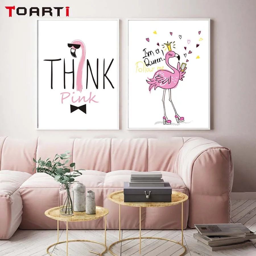ピンクフラミンゴ引用保育園壁アートキャンバスポスター印刷動物絵画北欧画像子供寝室現代の壁チャート 絵画 書道 Aliexpress