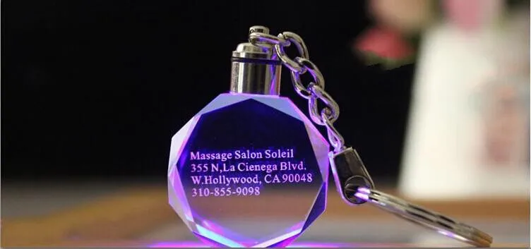 Best Customized Fashion Laser Engraving LOGO Crystal Keychains Octagonal Shaped LED Key Chain Key Ring for Wedding Xmas Birthday Gift 10